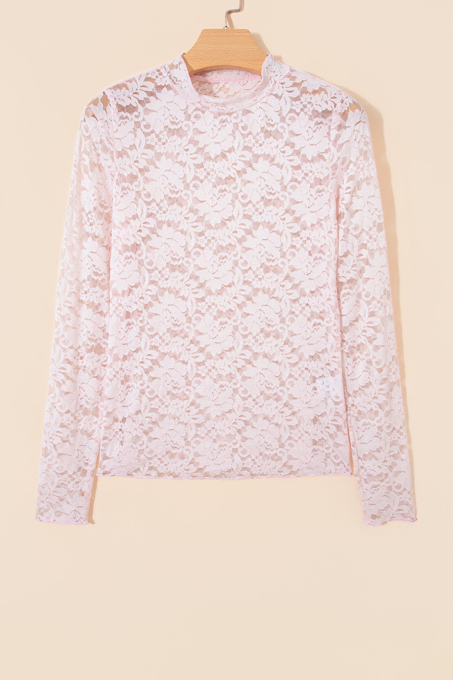 Floral Lace Long Sleeve Stand Neck Pullover Top – Light Pink