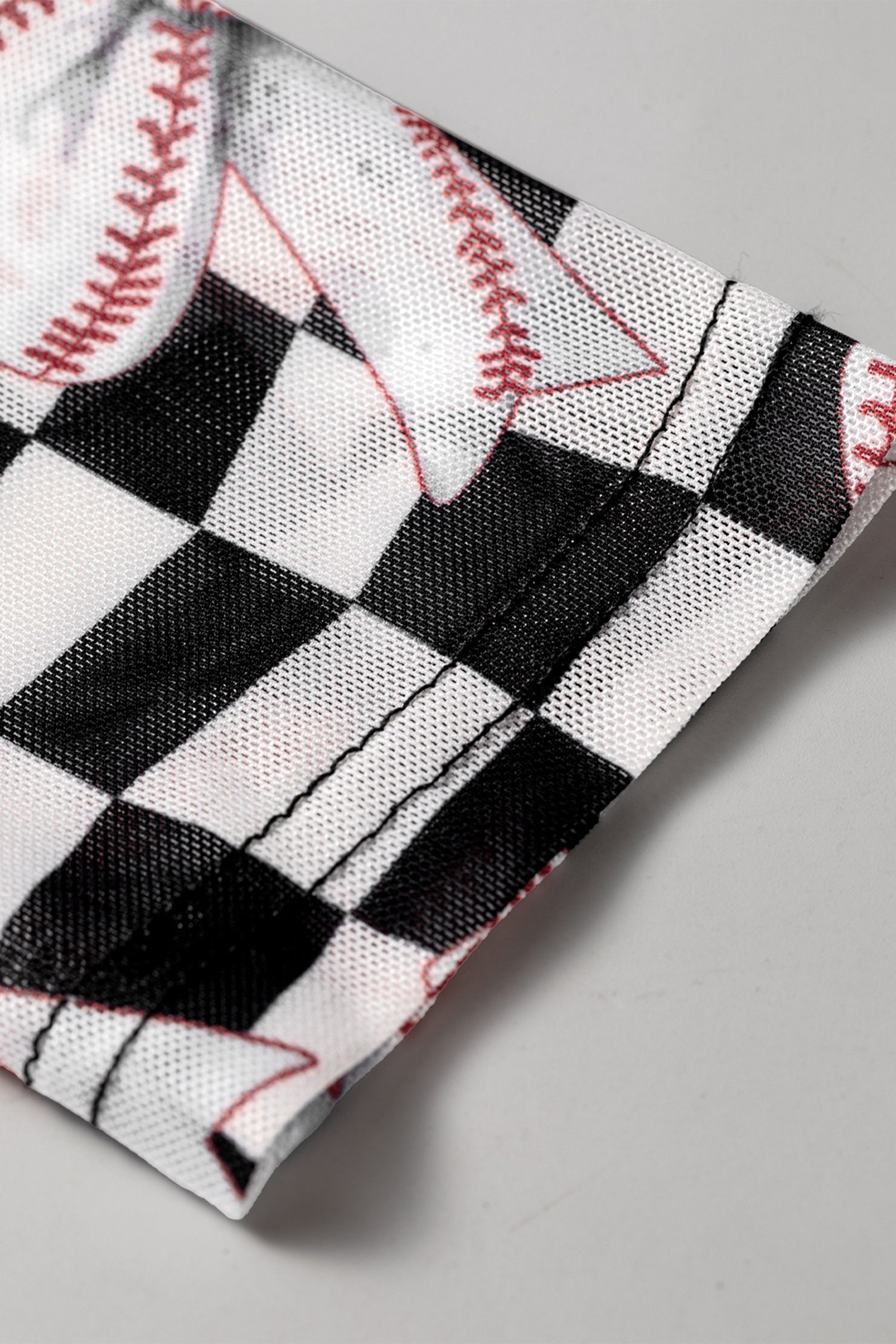 Checkered Baseball Bow Print High Neck Long Sleeve Mesh Top – Black
