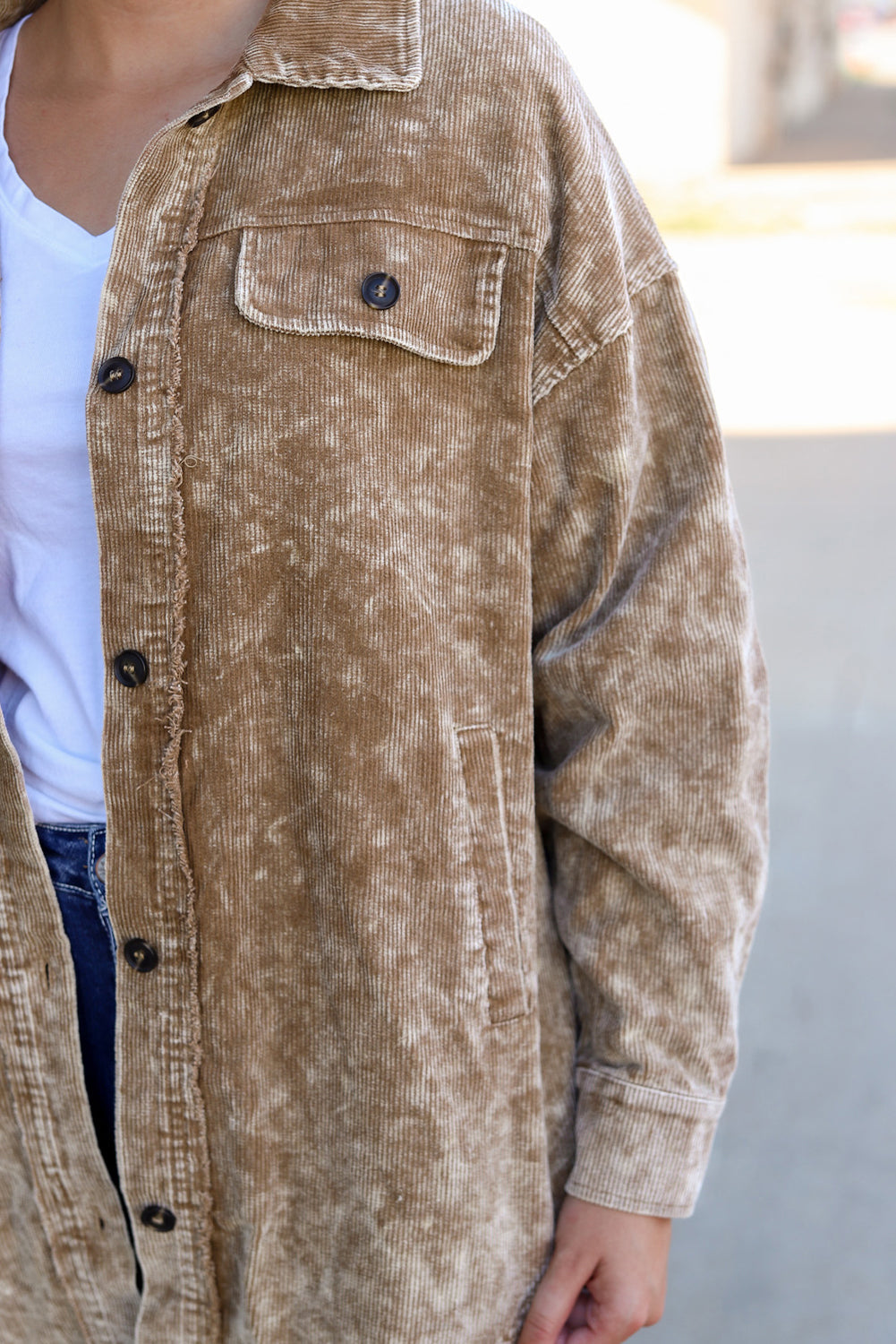 Khaki Vintage Distressed Mineral Wash Oversized Shacket eAura