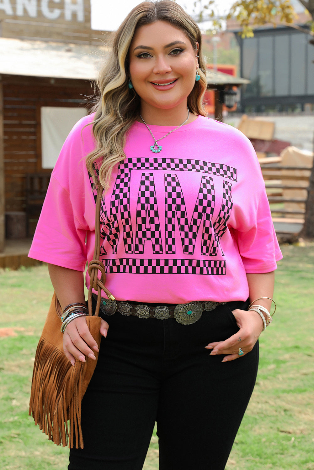 Bright Pink Checker MAMA Letter Printed Graphic Plus Size T Shirt BB Fashion Outlet