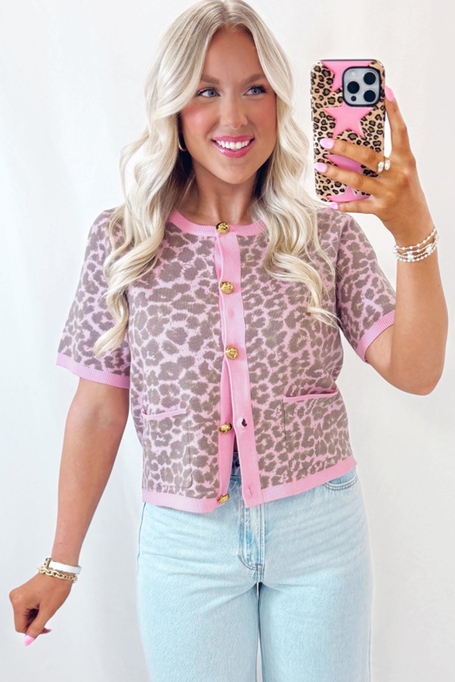 Leopard Button Down Short Sleeve Sweater Cardigan – Pink