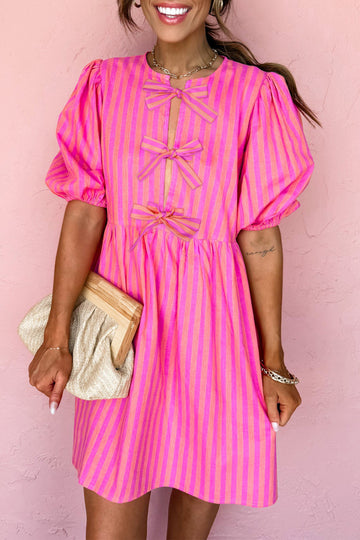 Striped Print Bow Detail Short Puff Sleeve Mini Dress
