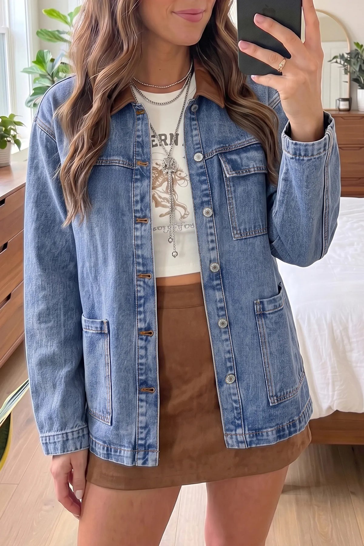 Sky Blue Patchwork Leather Collar Long Sleeve Denim Jacket – Light Blue