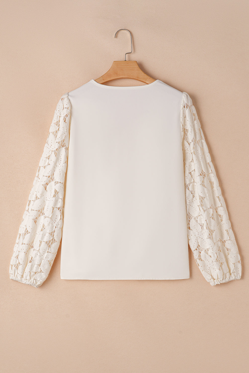 White Scalloped V Neckline Lace Hollowed Lantern Sleeve Blouse eAura