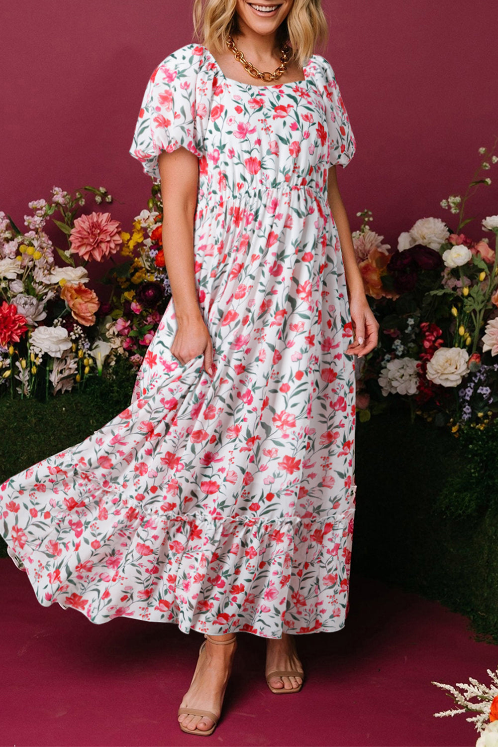 Pink Floral Puff Sleeve Square Neck Empire Waist Tiered Maxi Dress eAura