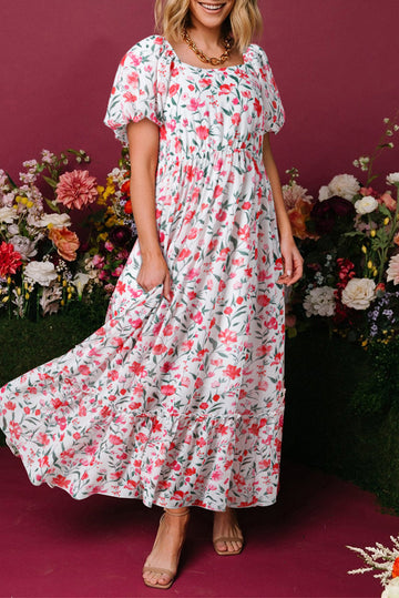 Pink Floral Puff Sleeve Square Neck Empire Waist Tiered Maxi Dress eAura