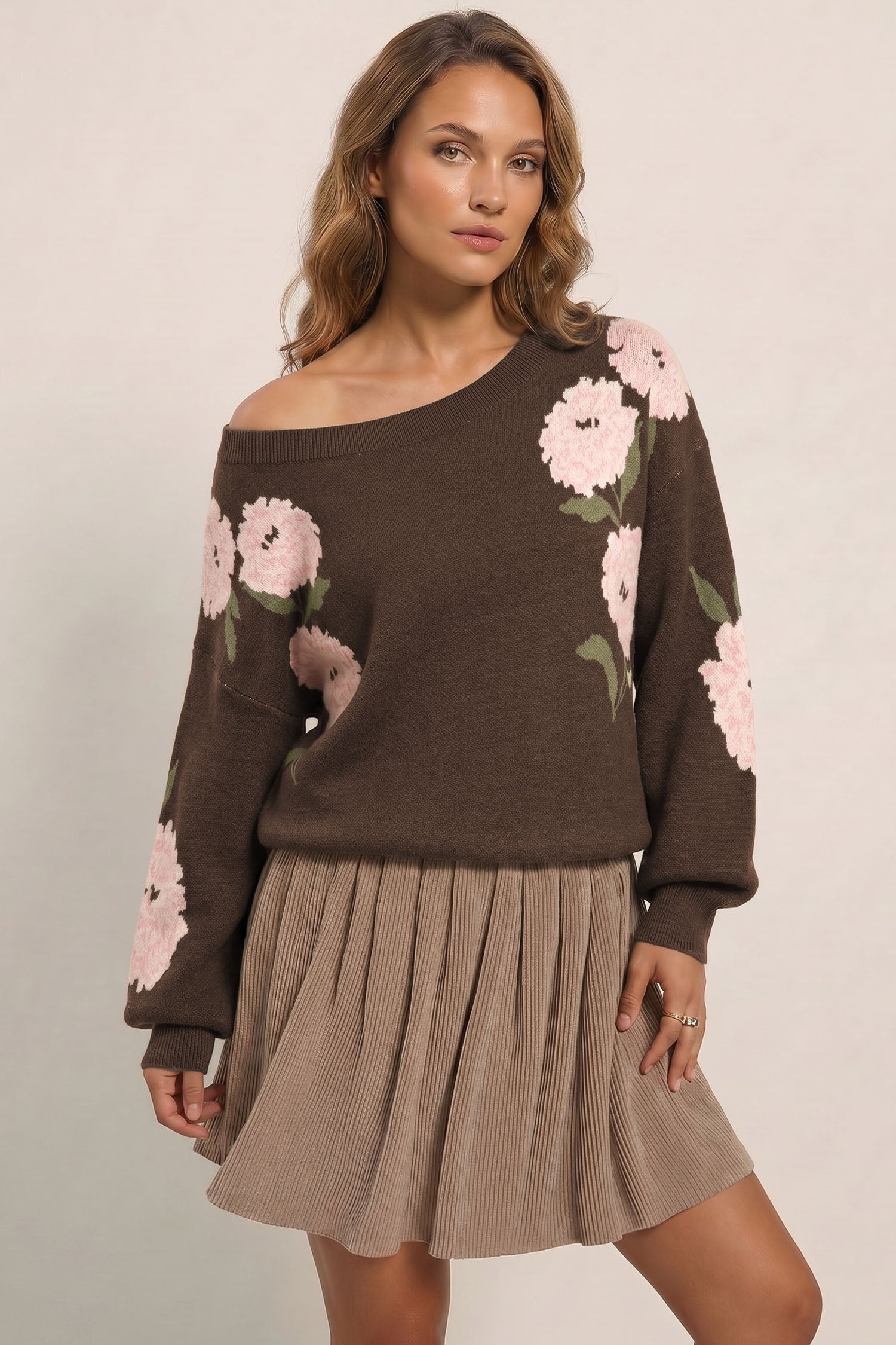 Floral Print Drop Shoulder Relaxed Pullover Sweater – Dark Brown