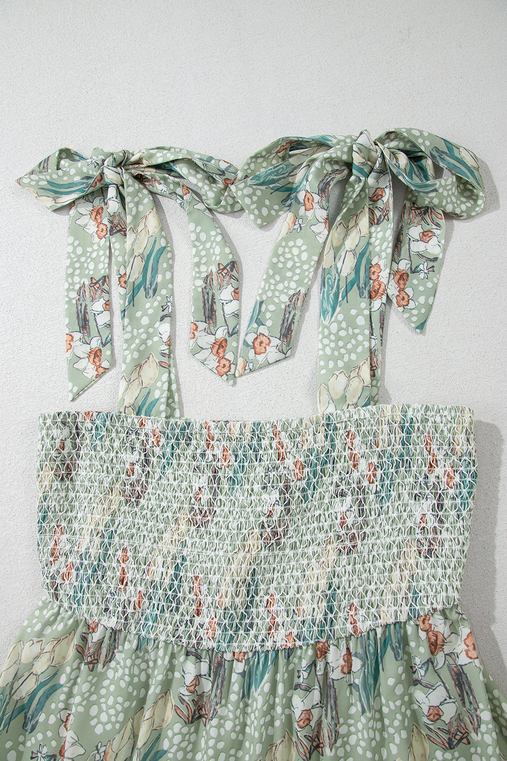 Grey Floral Knotted Strap Smocked Tiered Ruffle Mini Dress eAura