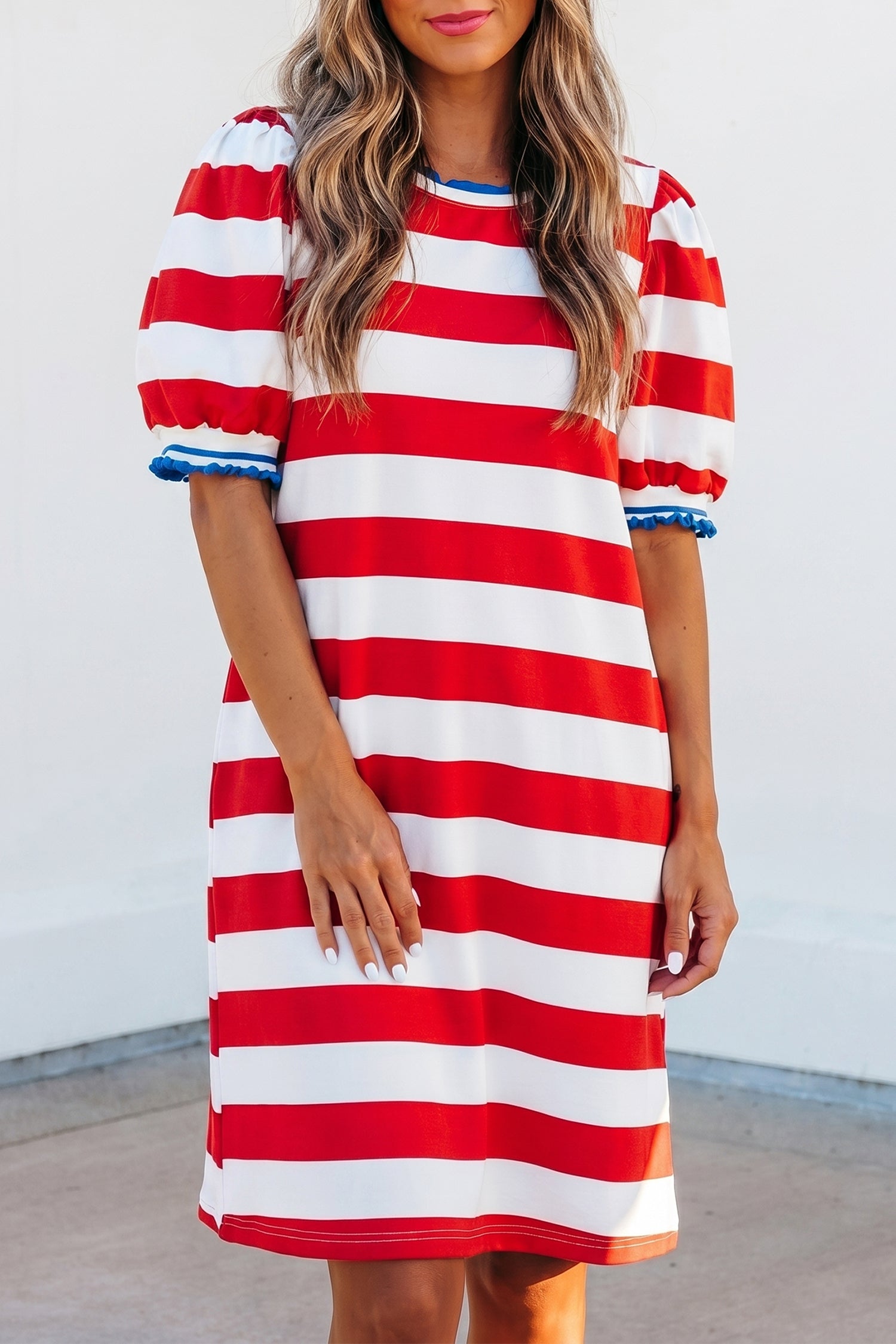 Stripe Contrast Trim Round Neck Short Puff Sleeve Shift Mini Dress