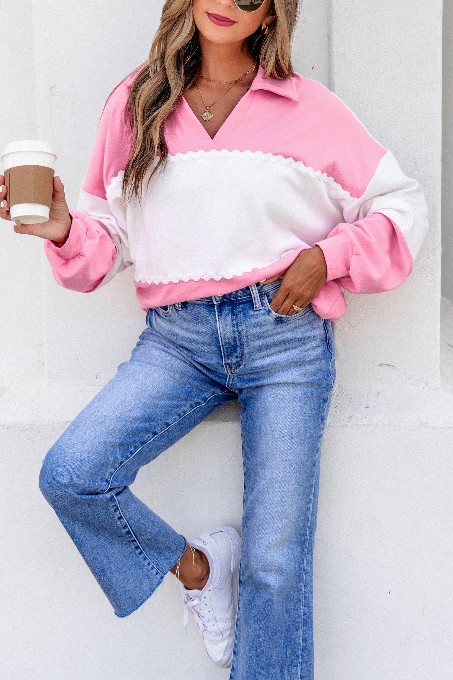 Color Block Ricrac Trim Patchwork Collar V Neck Long Sleeve Top – Rose Red