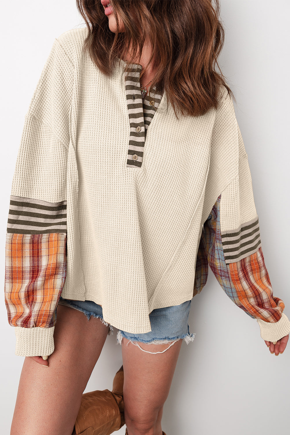 Waffle Striped Plaid Patchwork Henley Knit Top - eAura