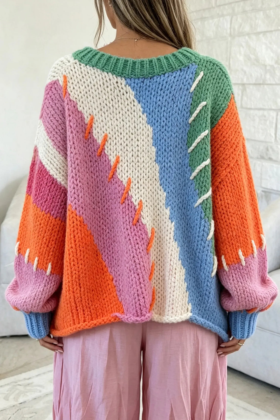 Bonbon Color Block Patchwork Knit Stitched Detail Oversize Sweater