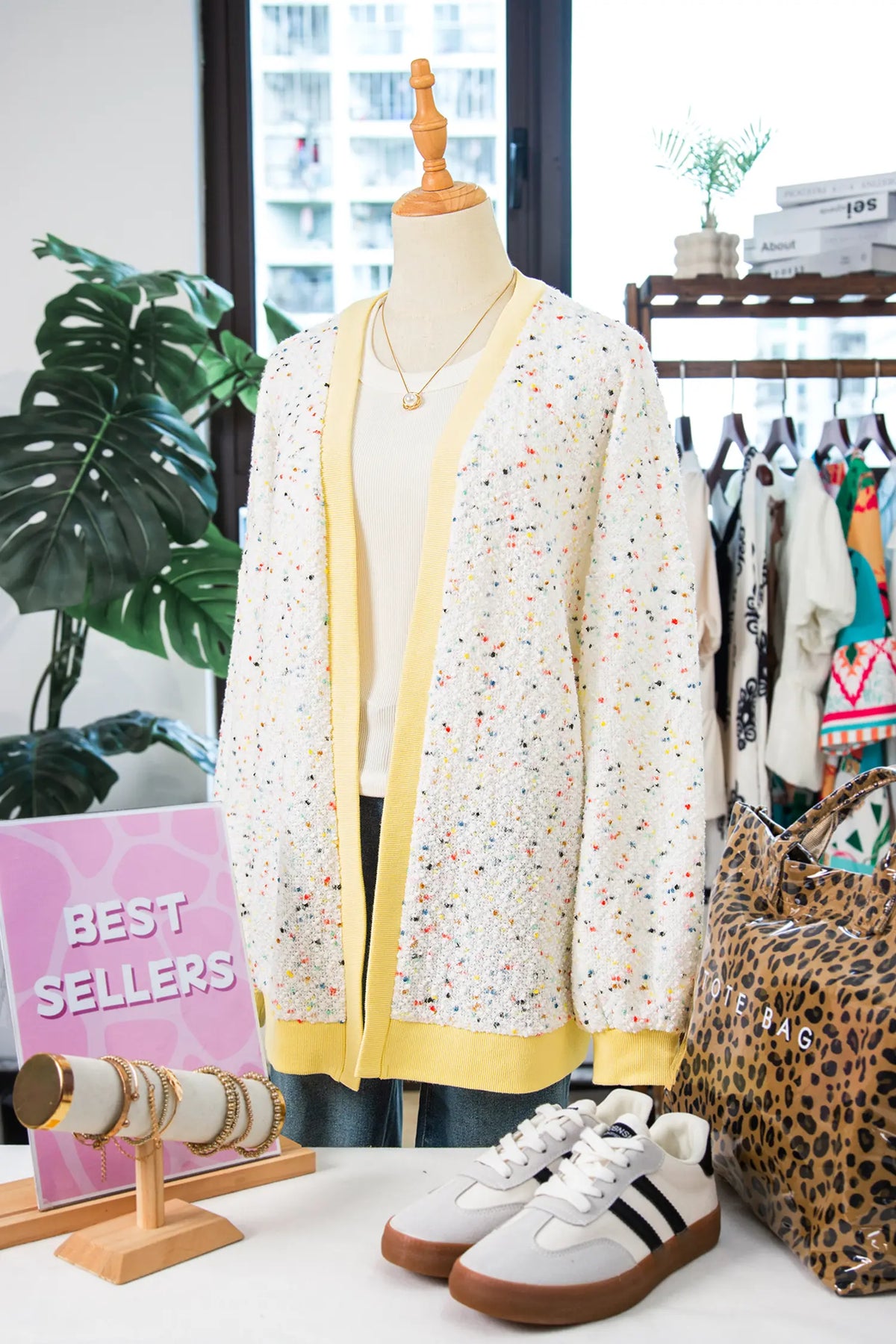 Cardigan Relaxed Oversized Confetti Knit with Contrast Ribbed Cuffs