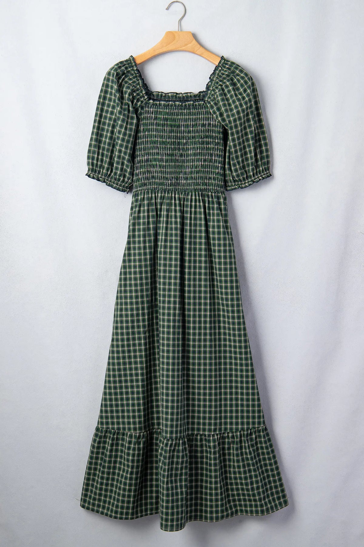 Plaid Square Neck Shirred High Waist Ruffle Hem Dress – Green