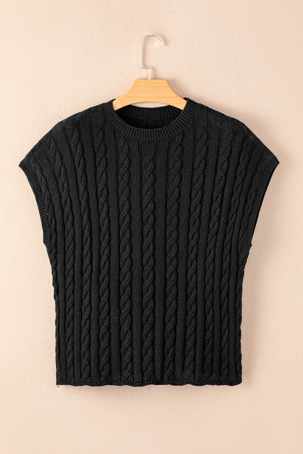 Black Crew Neck Cable Knit Short Sleeve Sweater eAura