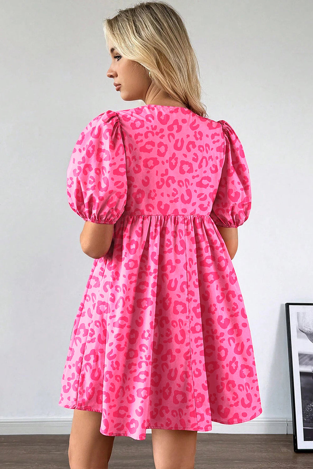 Rose Leopard Puff Sleeve Tie Front High Waist Mini Dress eAura