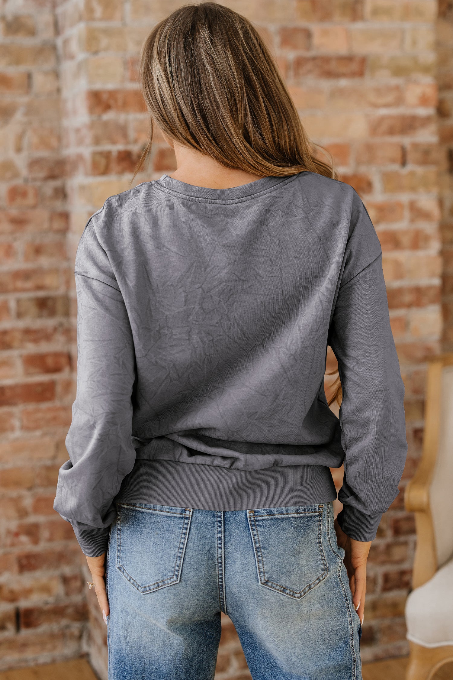 ’Saved By Grace’ Letter Embroidery Mineral Wash Loose Sweatshirt - Tops/Sweatshirts & Hoodies