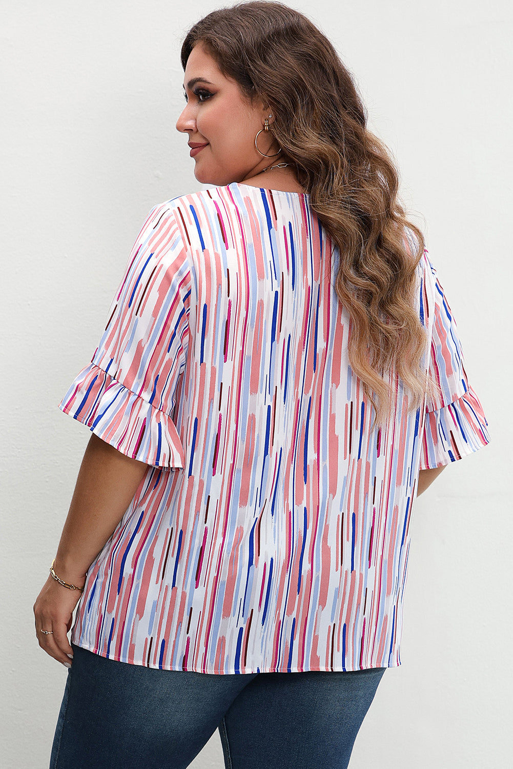 White Stripe Ruffled Short Sleeve Plus Size Blouse BB Fashion Outlet