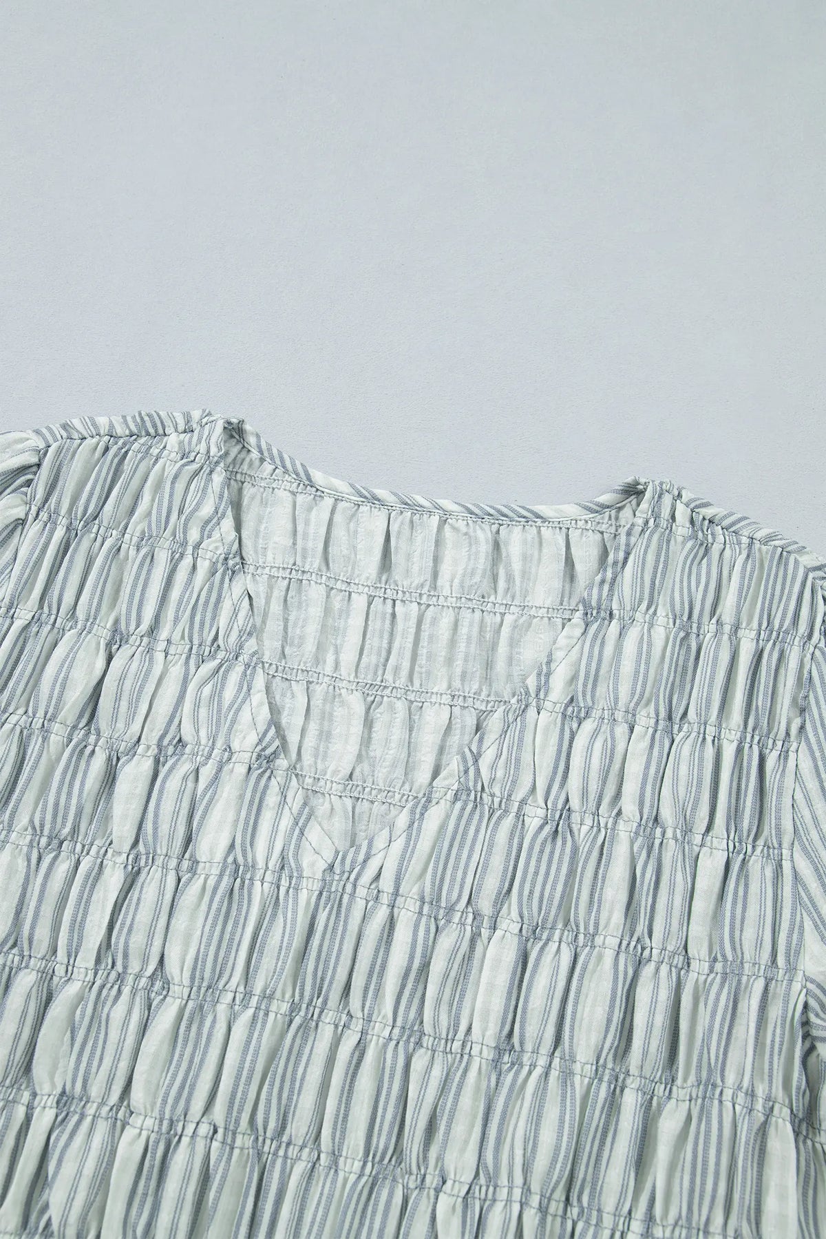 V Neck Shirred Long Sleeve Blouse – Blue Stripe