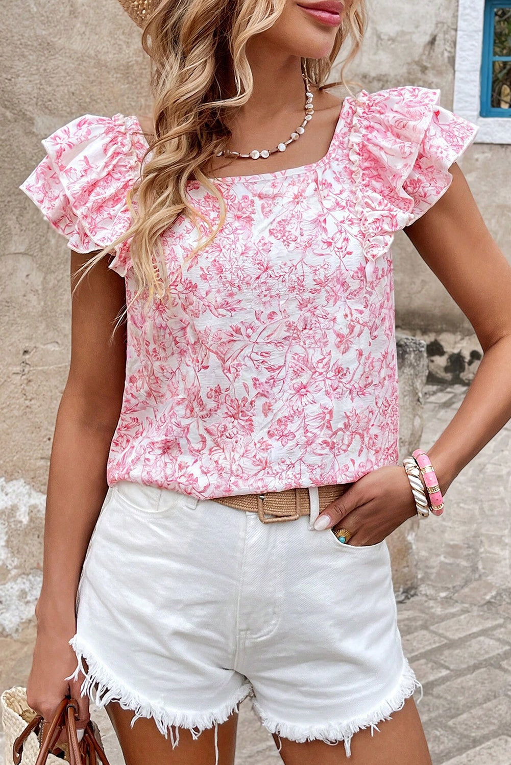 Floral Ruffled Short Sleeve Bow Back Square Neck Blouse eAura