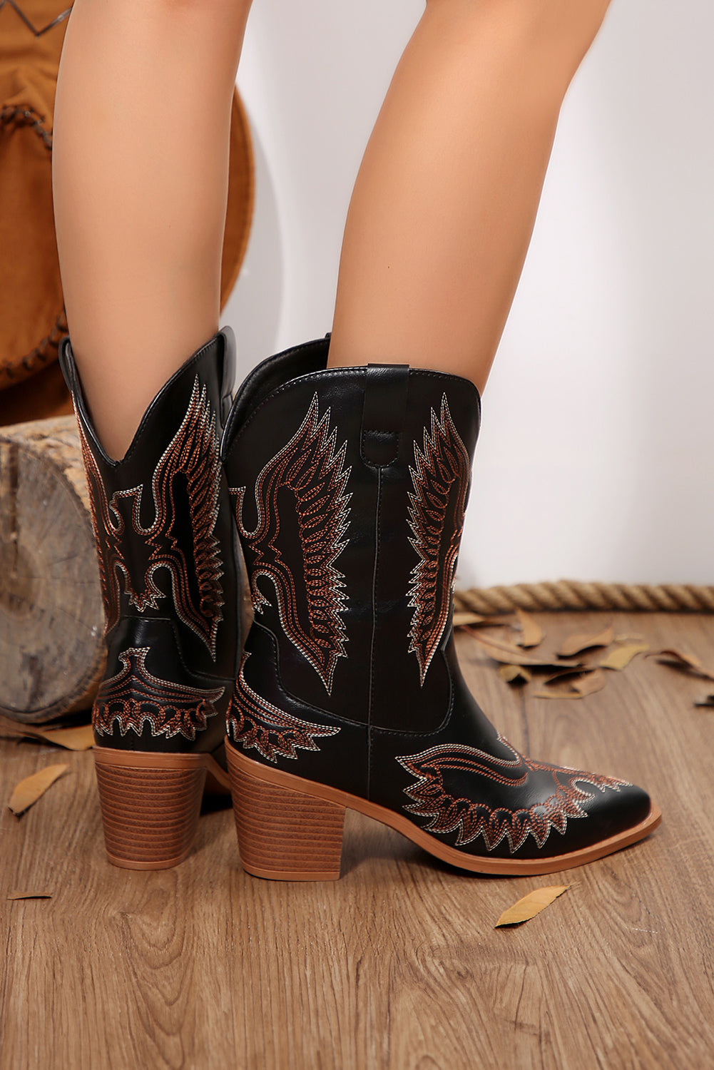Black Embroidered Pattern Point Toe Mid Calf Boots - eAura