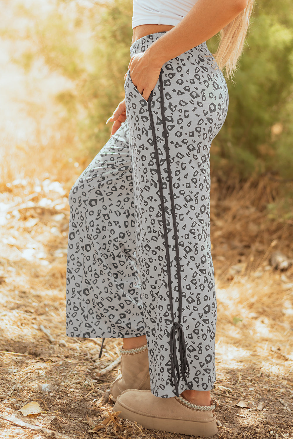Grey Leopard High Waist Side Bow Straight Leg eAura