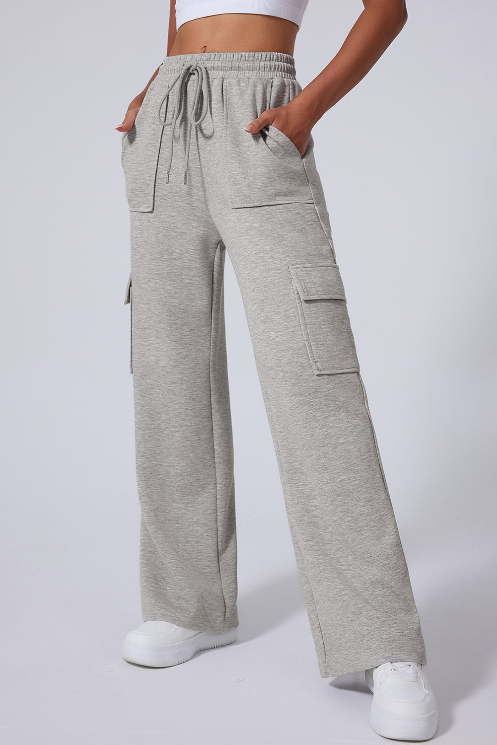 Light Grey Multi Pockets Lace-up High Waist Wide Leg Workout Trousers eAura