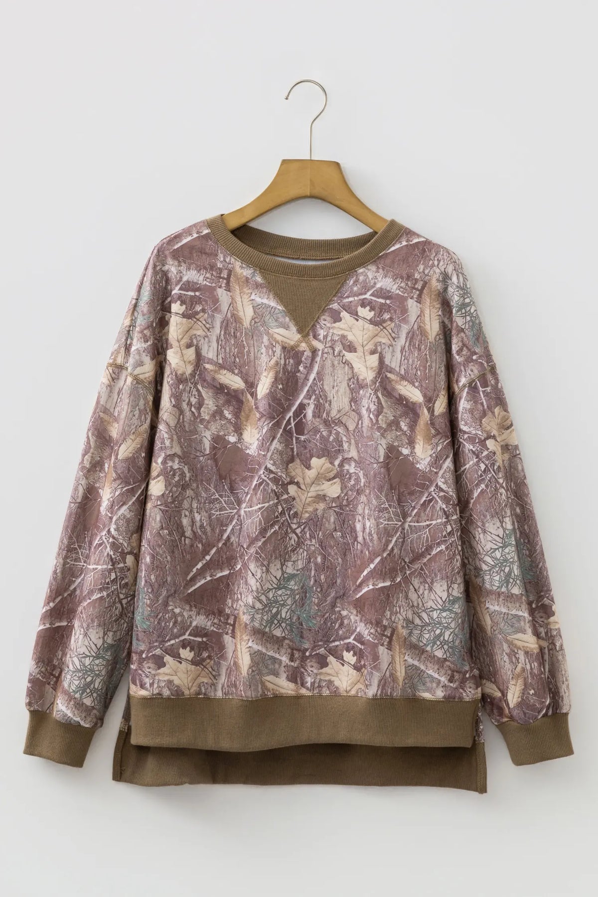 Abstract Camo Print Colour Block Detail Baggy Pullover Sweatshirt – Brown