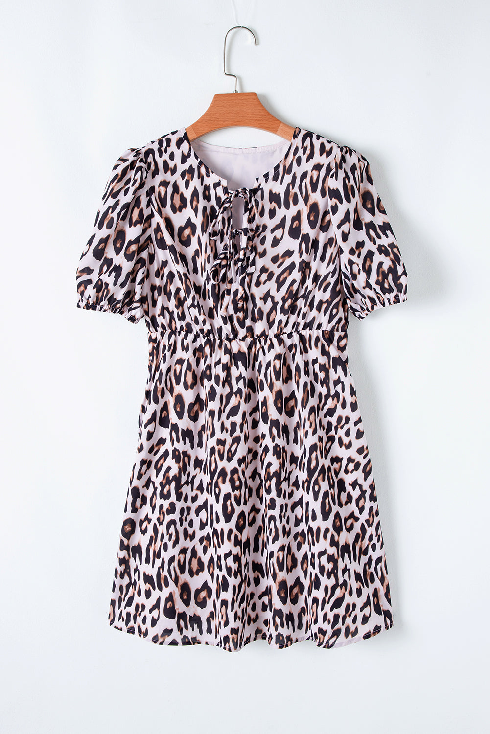 Leopard Print Tied Front Keyhole Puff Short Sleeve Mini Dress eAura