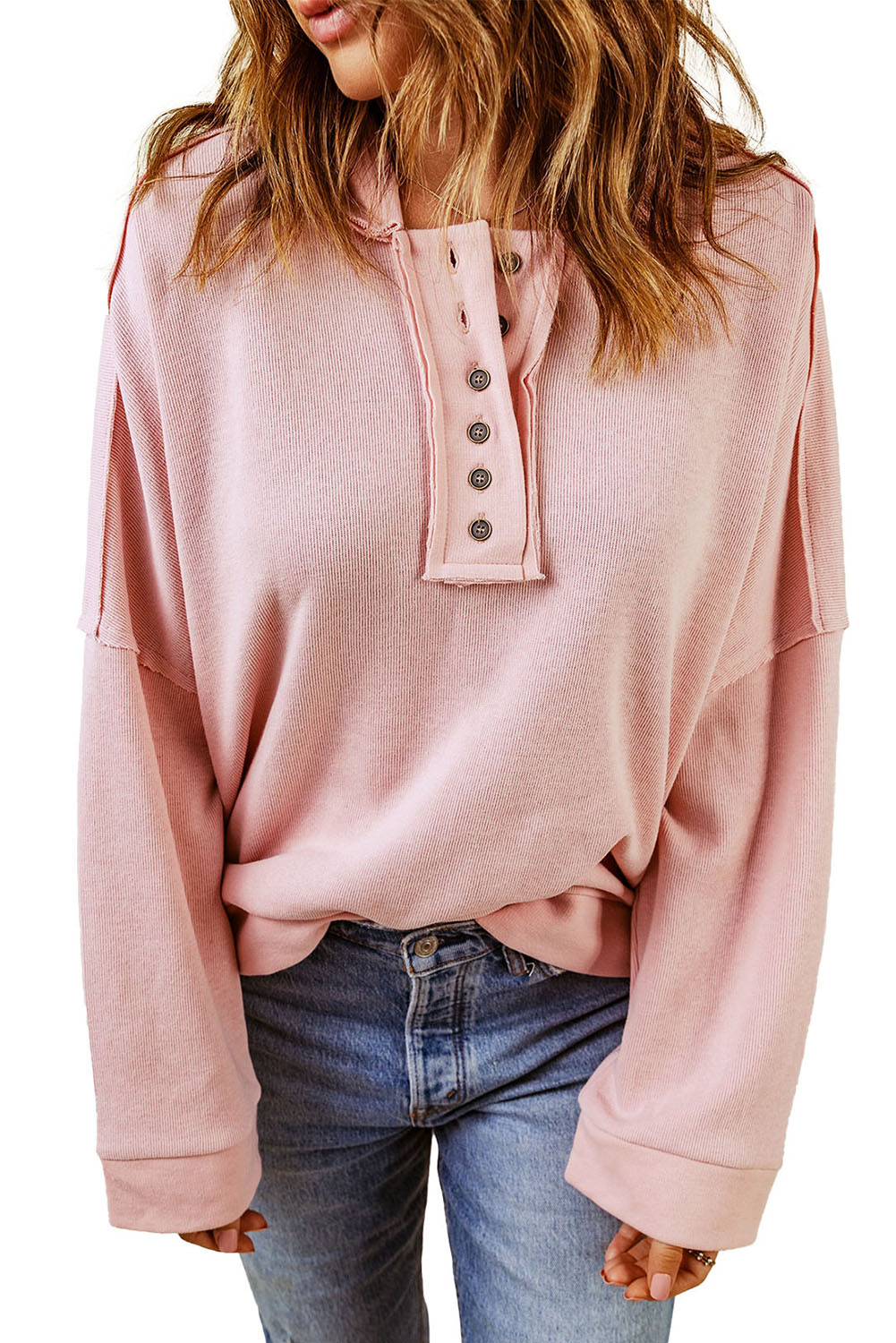 Pink Casual Button Solid Patchwork Trim Hoodie eAura