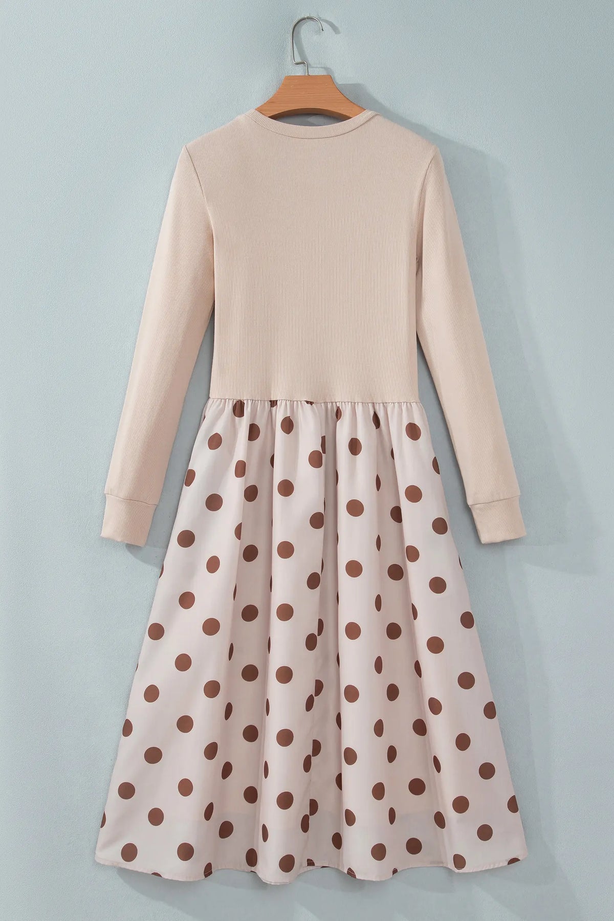 Polka Dot Midi Long Sleeve Dress – Beige