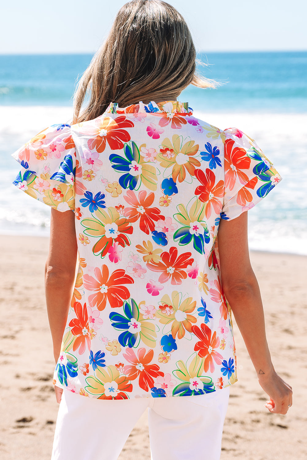 White Floral Bouquet Flutter Top BB Fashion Outlet