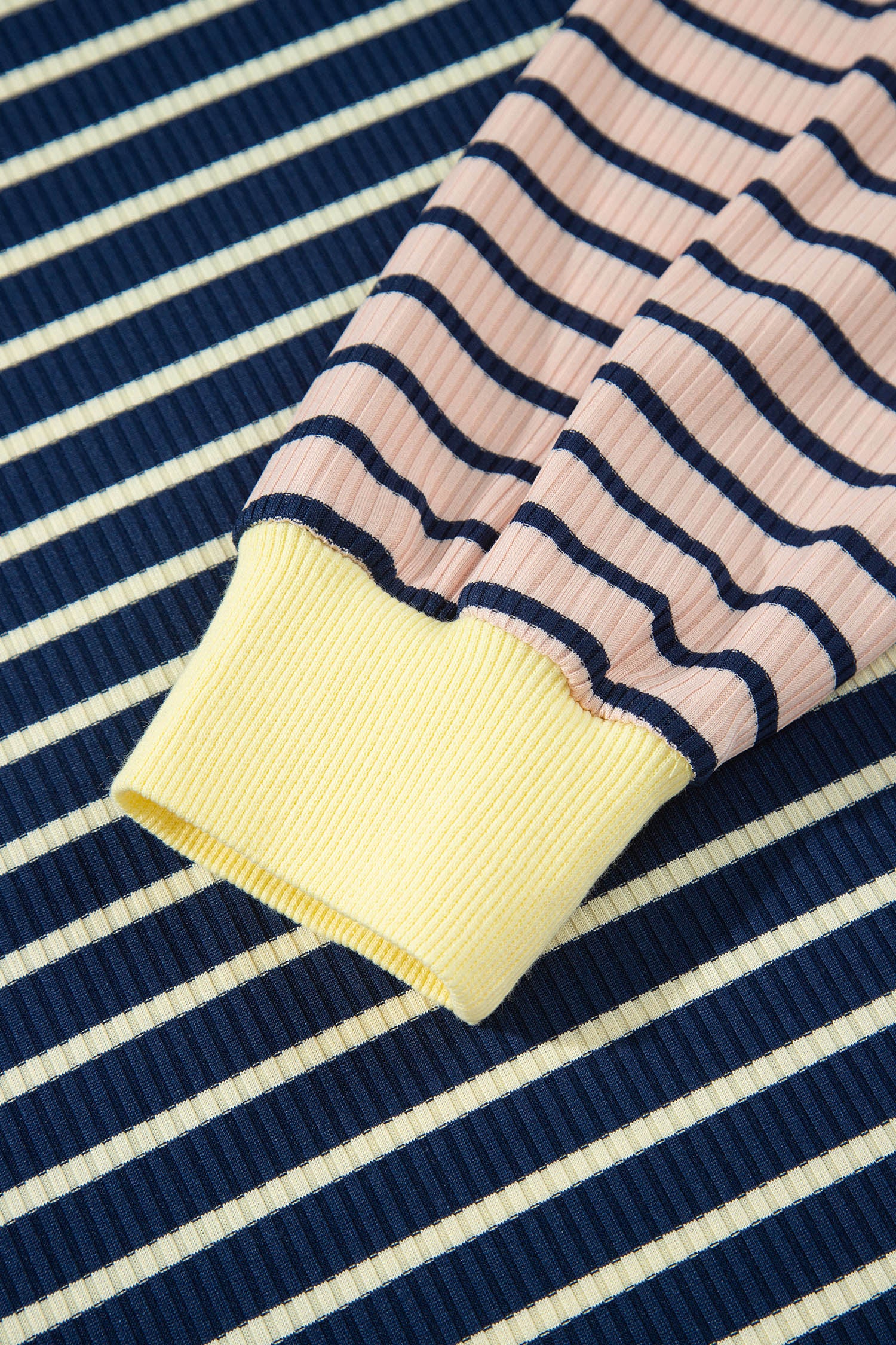 Color Block Long Sleeve Pullover Ribbed Knit Casual Shorts Set – Blue Stripe