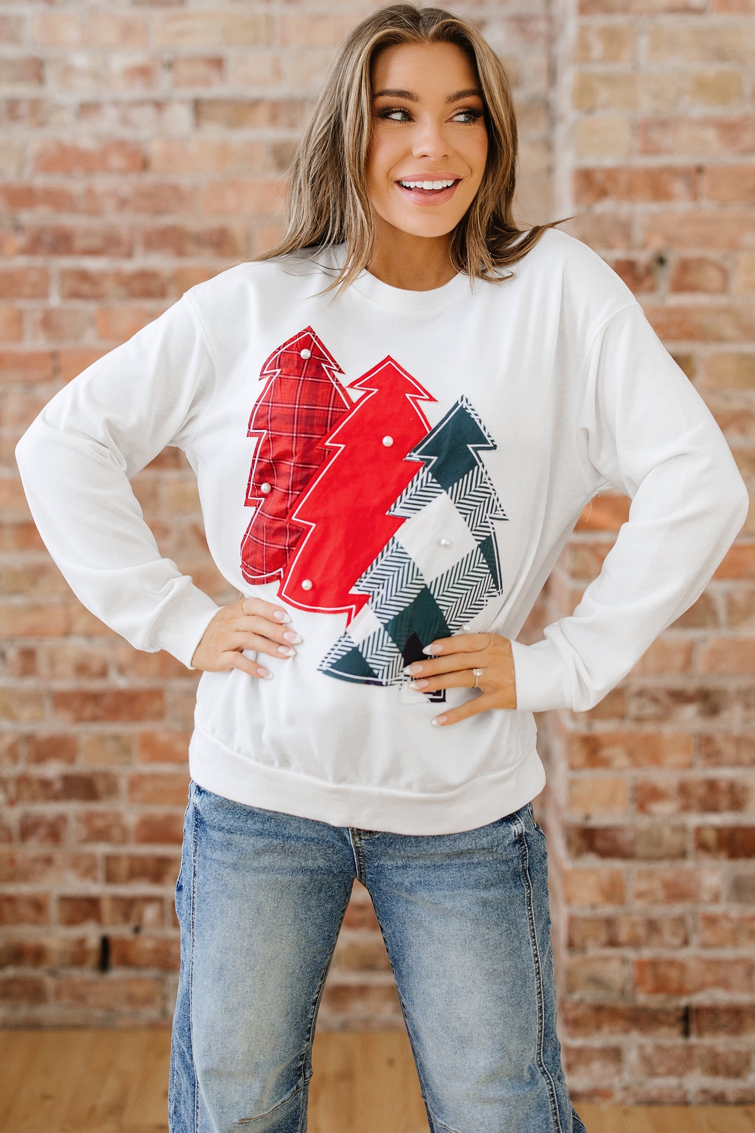 Pearl Plaid Christmas Tree Patched Drop Shoulder Sweatshirt - eAura