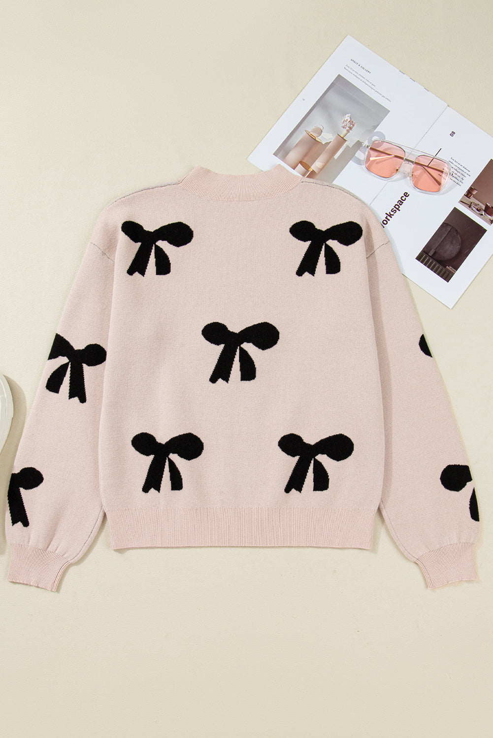 Pearl Embellished Bow Pattern Loose Sweater eAura