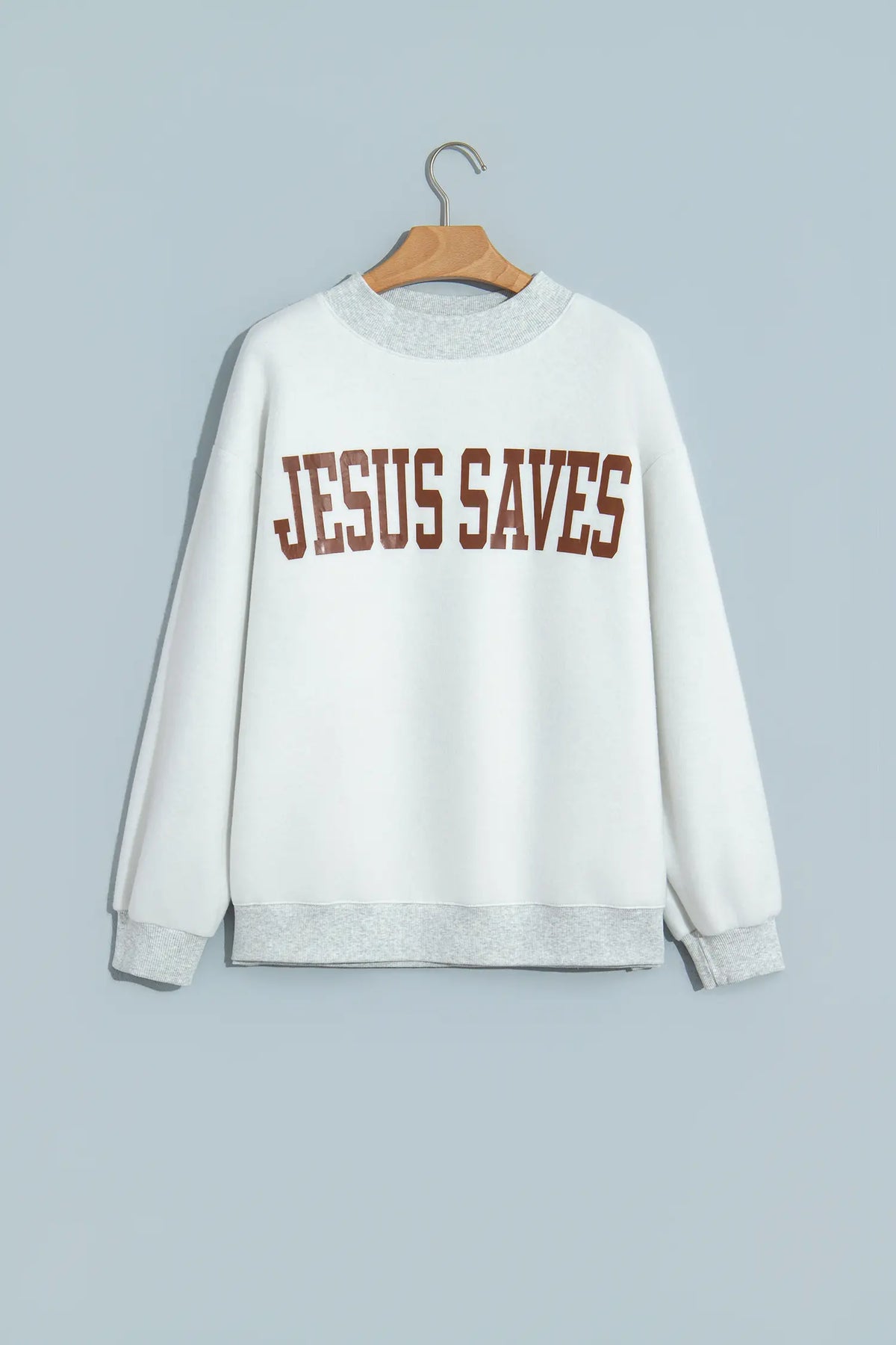 Reversible Christian Faith Print Mock Neck Pullover Sweatshirt – Light Grey