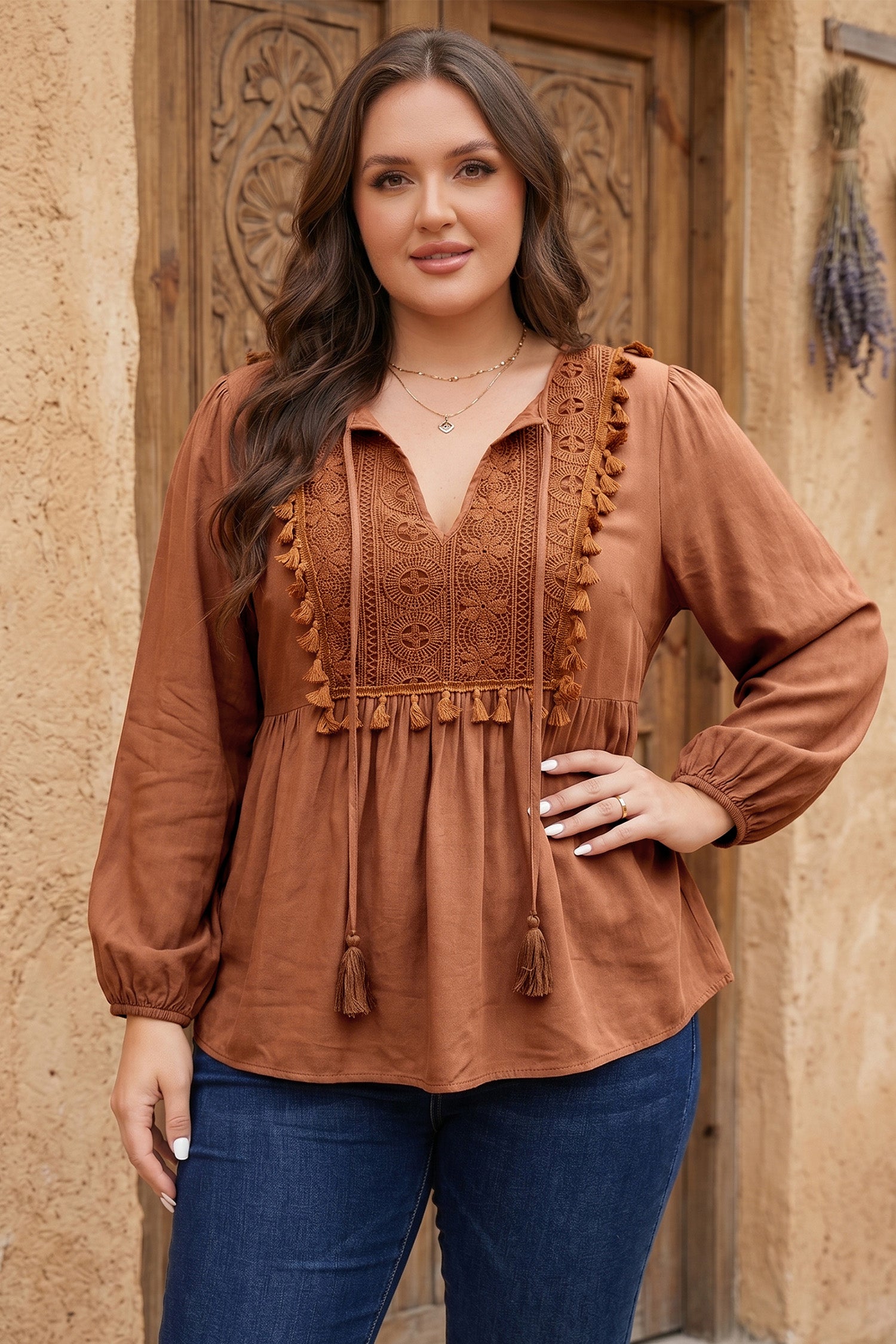Boho V Neck Embroidered Tassel Long Sleeve Plus Size Blouse – Chestnut