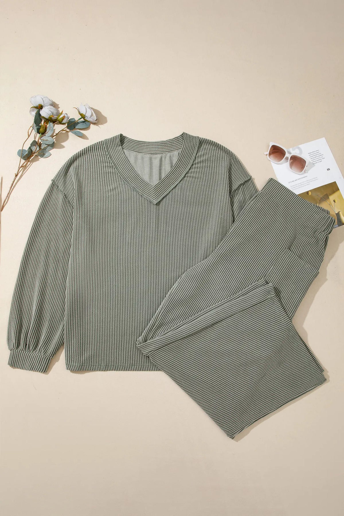 Twisted Ribbed Exposed Seam Detail V Neck Pullover Plus Size Pant Set – Four Leaf Clover