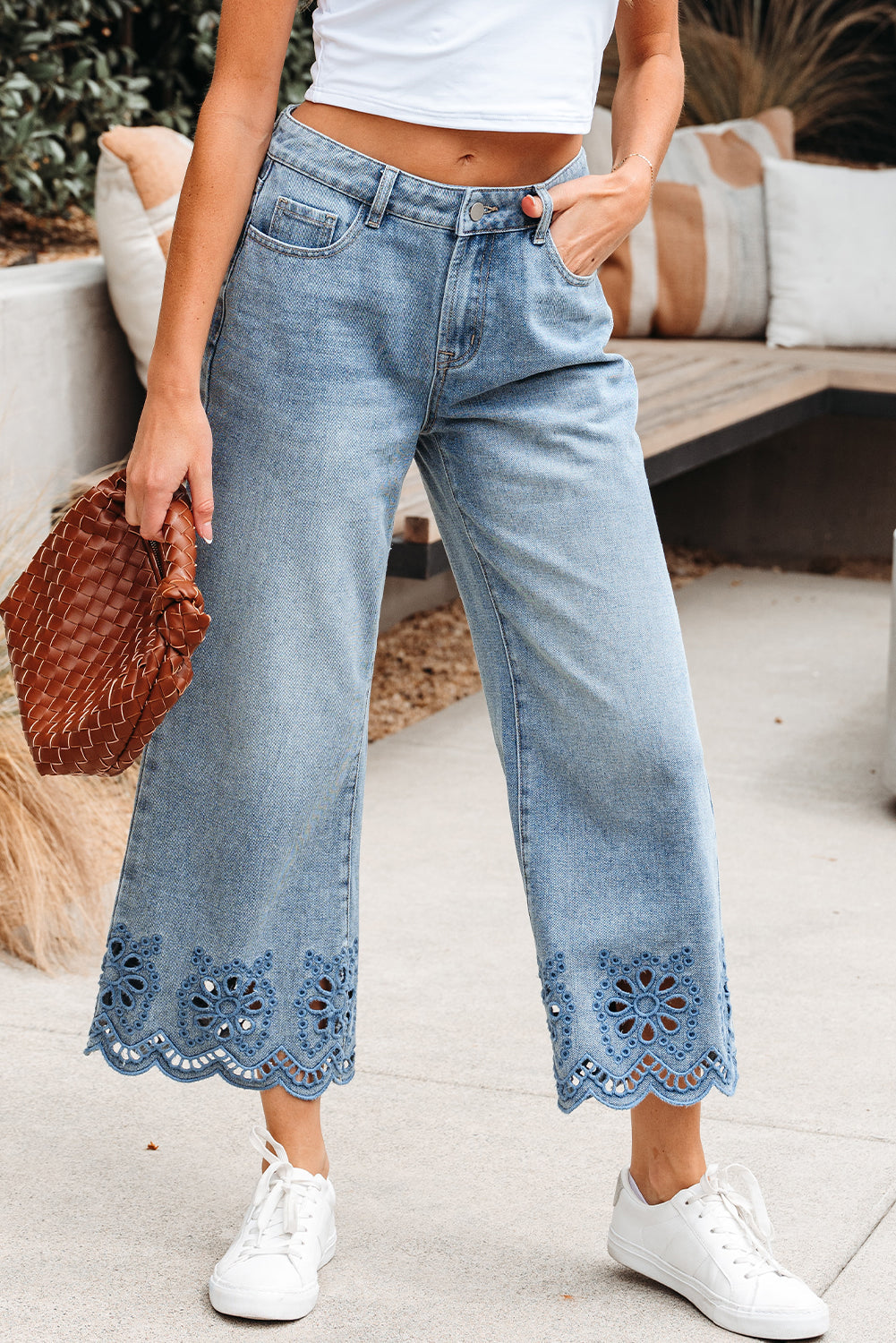 Embroidered Cropped Wide Leg High Waist Jeans - eAura