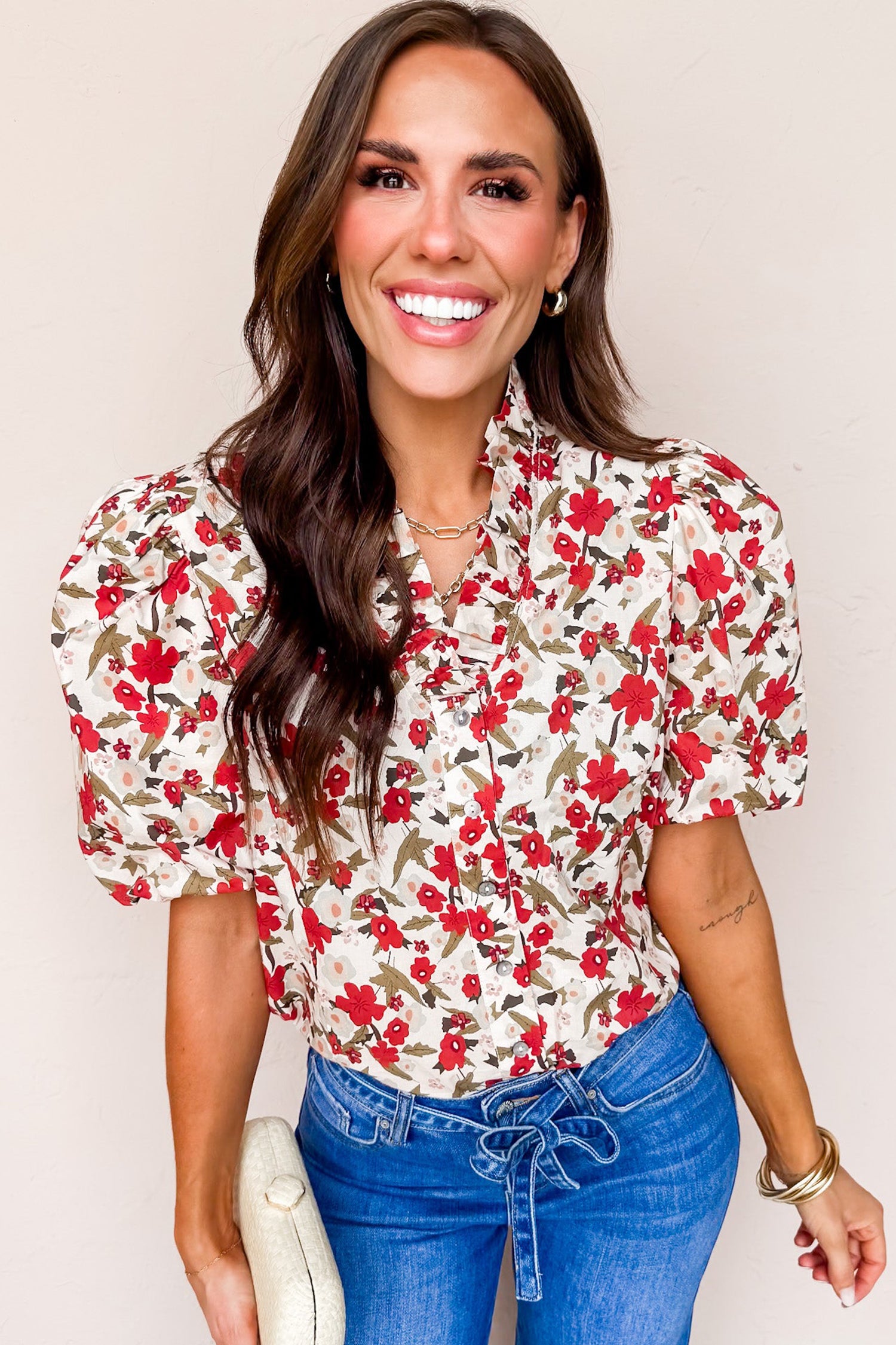 Floral Print Short Puff Sleeve Button Front Shirt