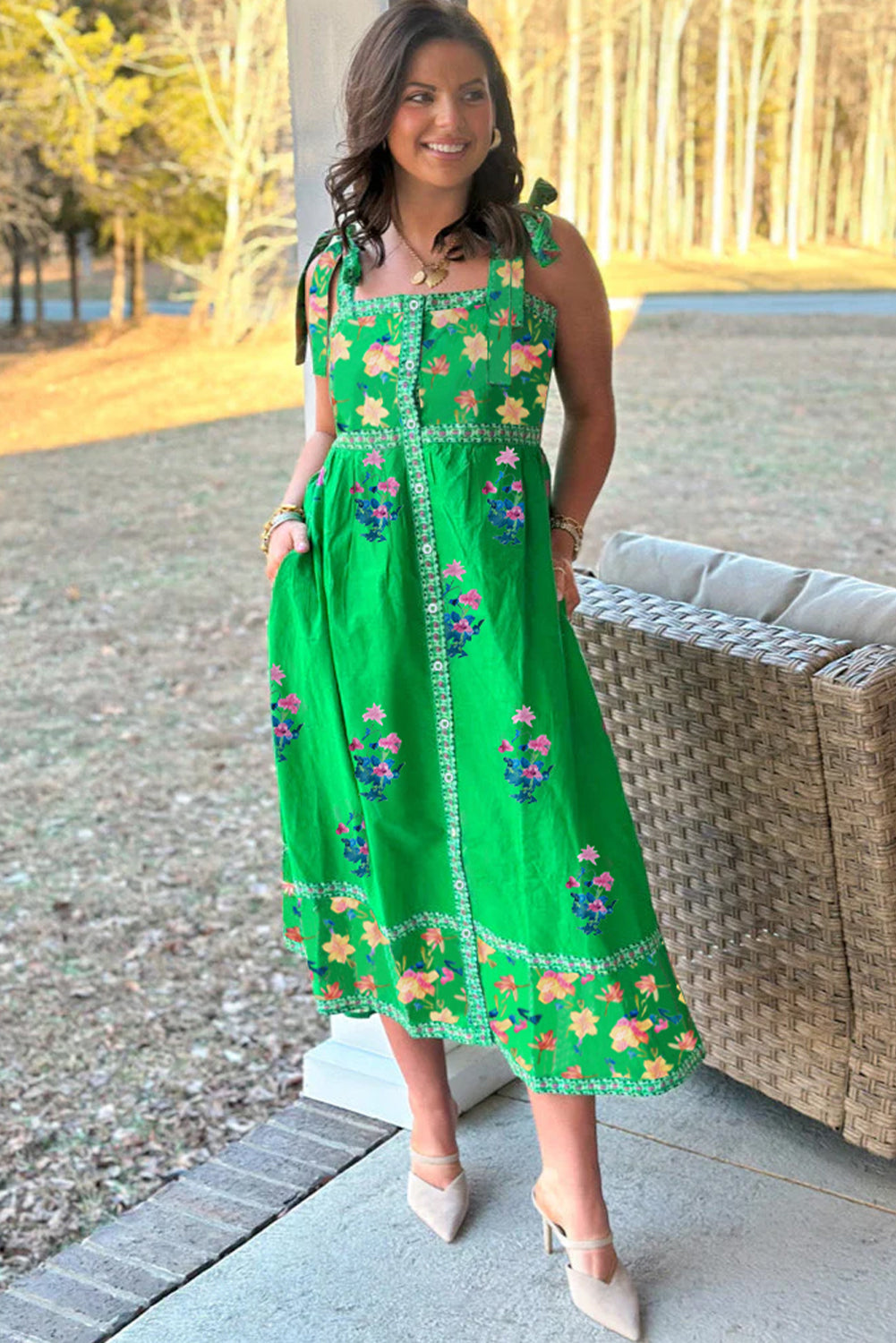 Green Floral Print Contrast Trim Knotted Straps Midi Dress eAura