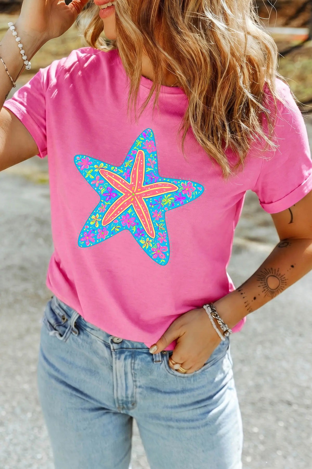 Floral Starfish Printed Casual Round Neck Tee – Sachet Pink