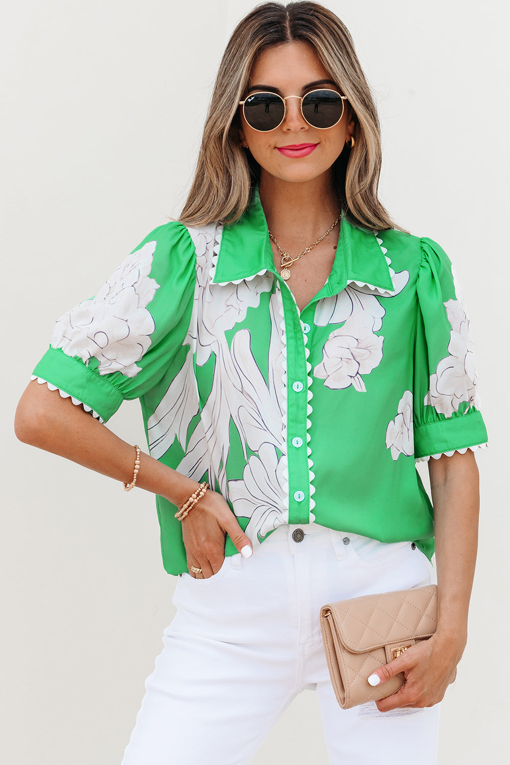 Green Floral Ric Rac Edge Puff Short Sleeve Shirt eAura