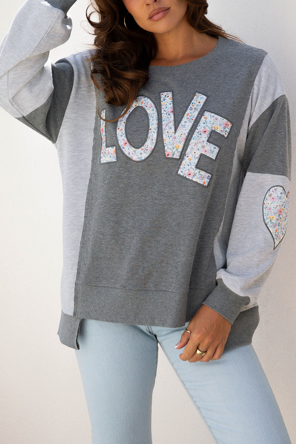 LOVE Graphic Exposed Seam Patchwork Uneven Hem Chic Sweatshirt - eAura