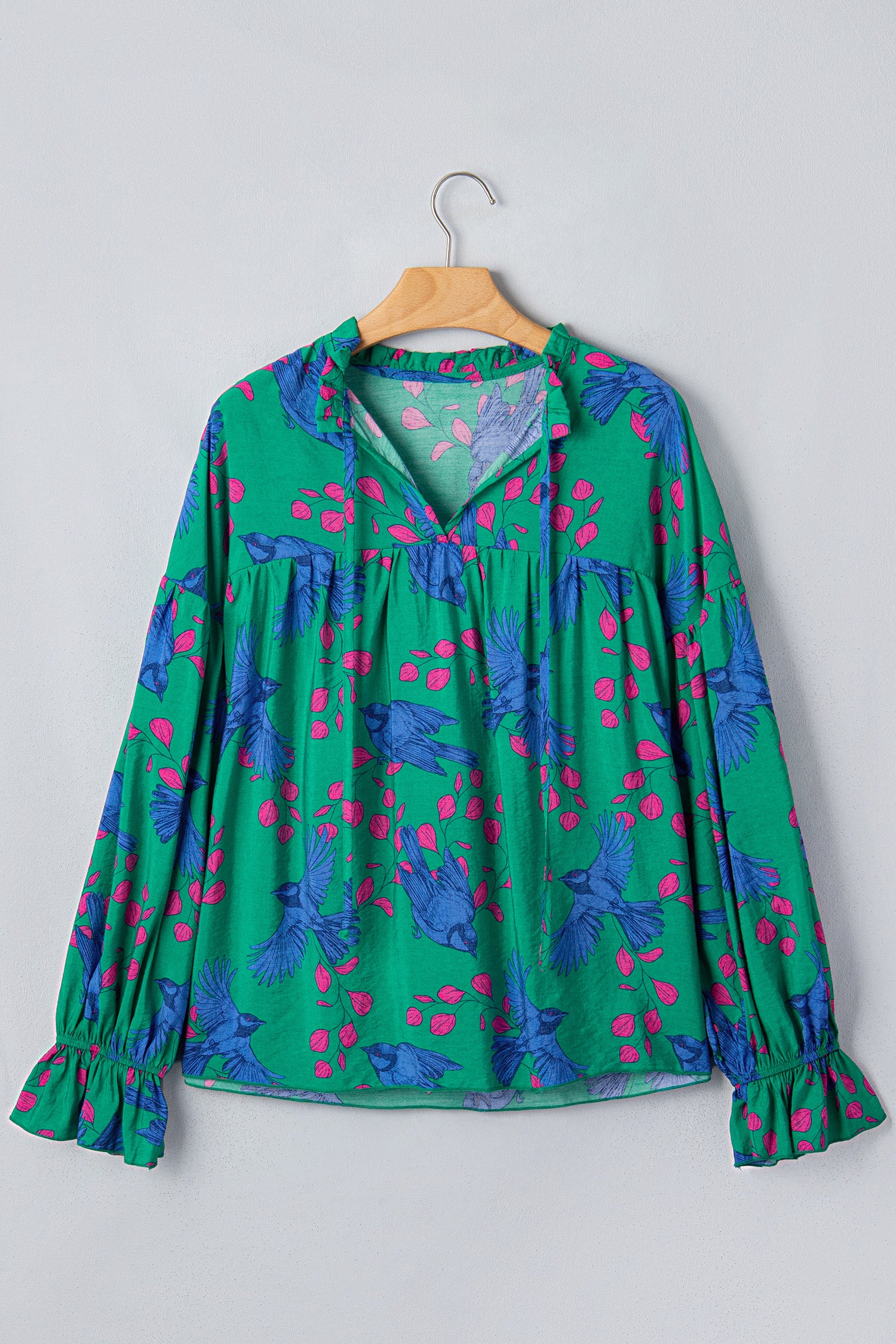 Abstract Print V Neck Flounced Puff Sleeve Blouse – Green
