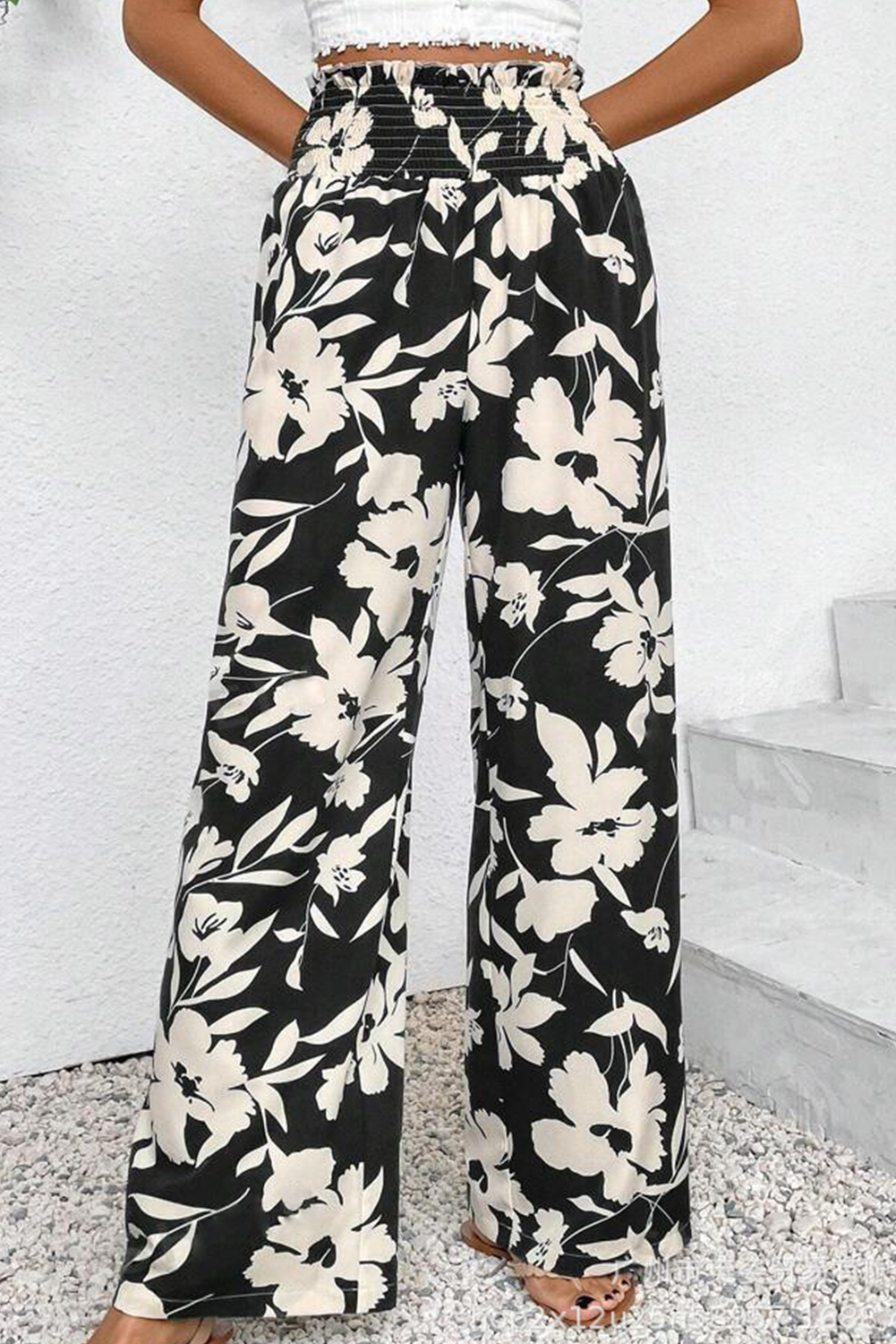 Black Floral Print Smocked High Waist Wide Leg Trousers BB Fashion Outlet