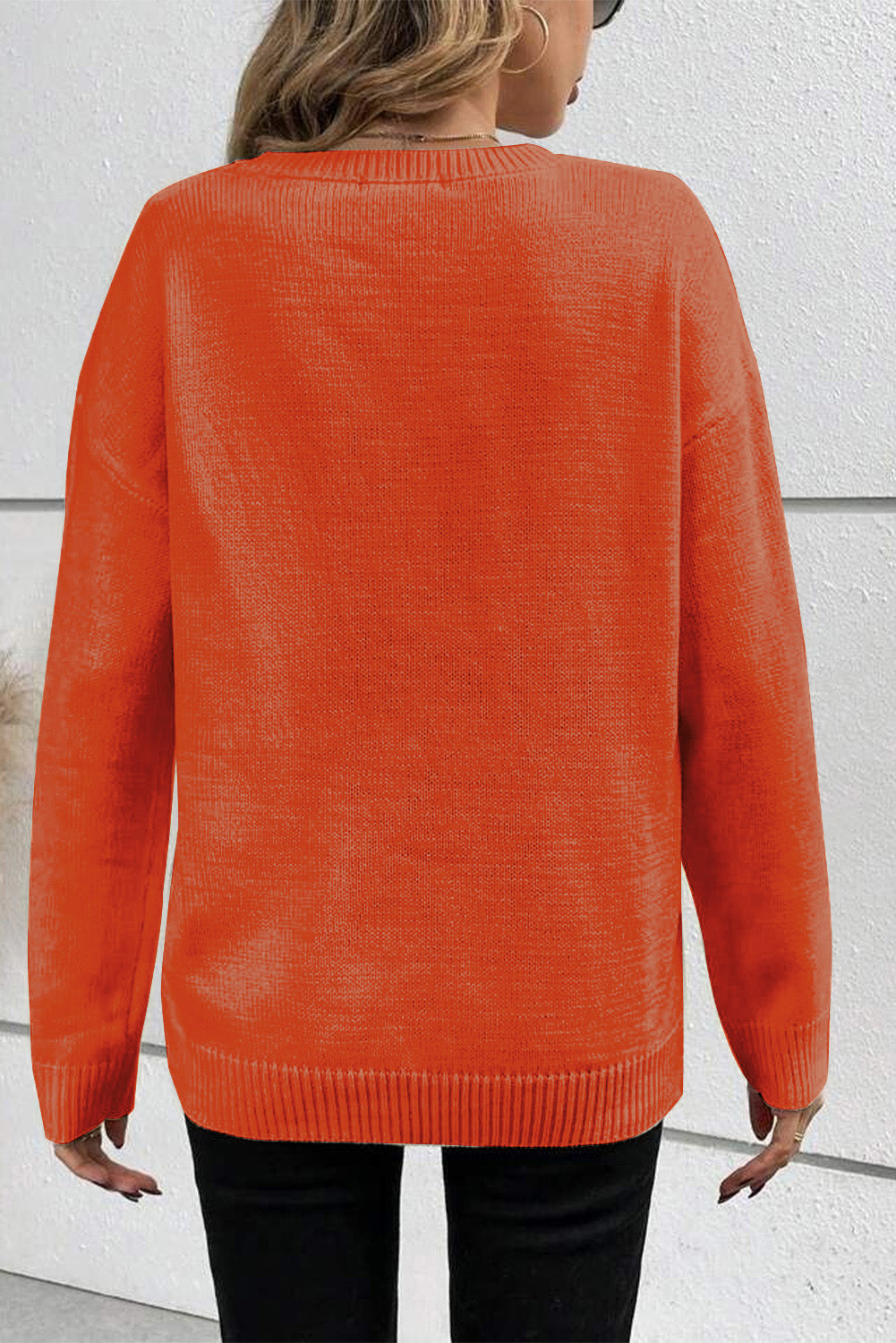 Black Boo Knitted Pattern Ribbed Edge Drop Shoulder Sweater eAura