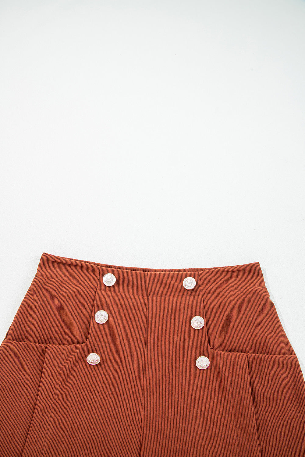 Button Decor Scalloped Edge High Waist Soft Corduroy Shorts - eAura