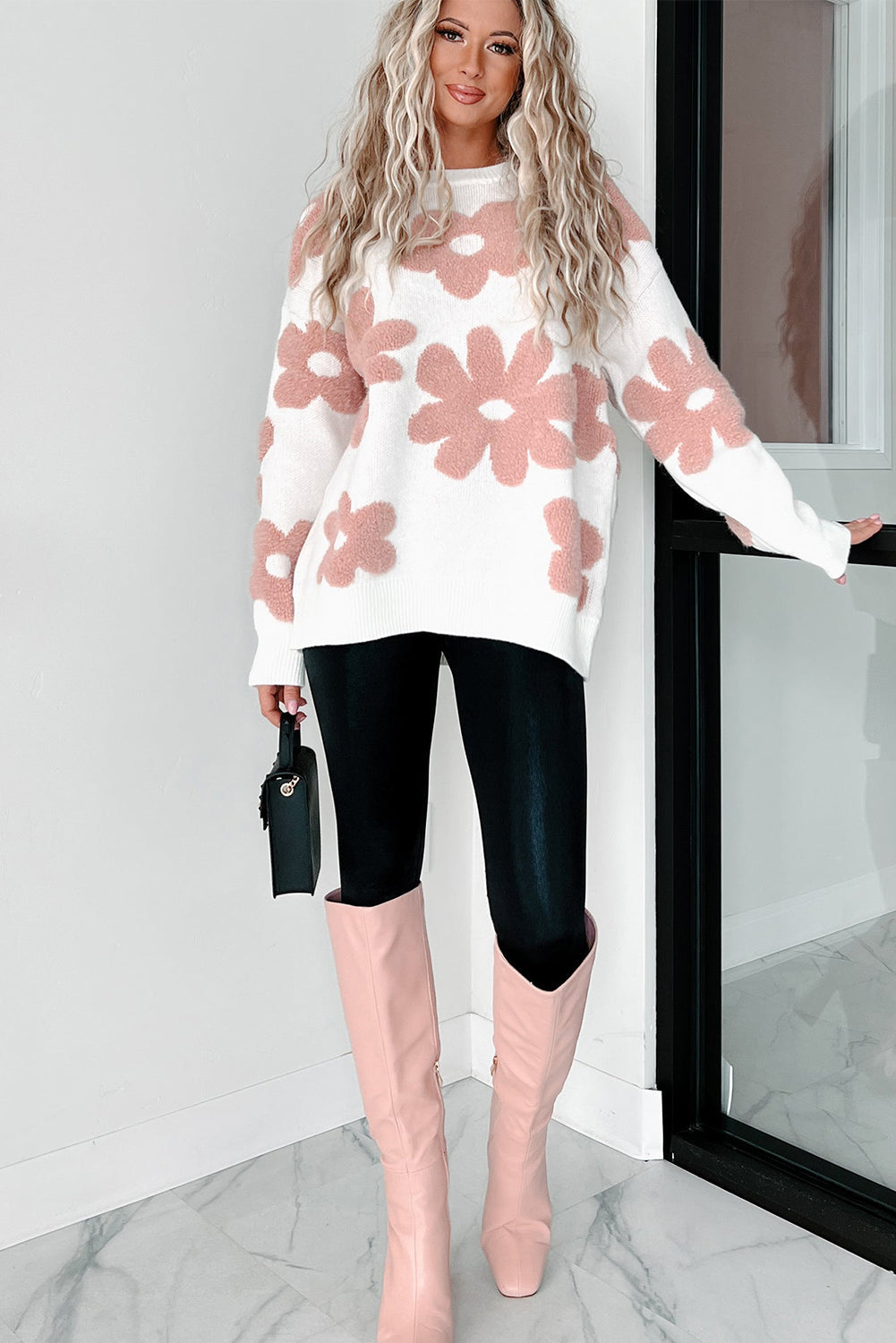 White Textured Flower Drop Shoulder Loose Sweater eAura