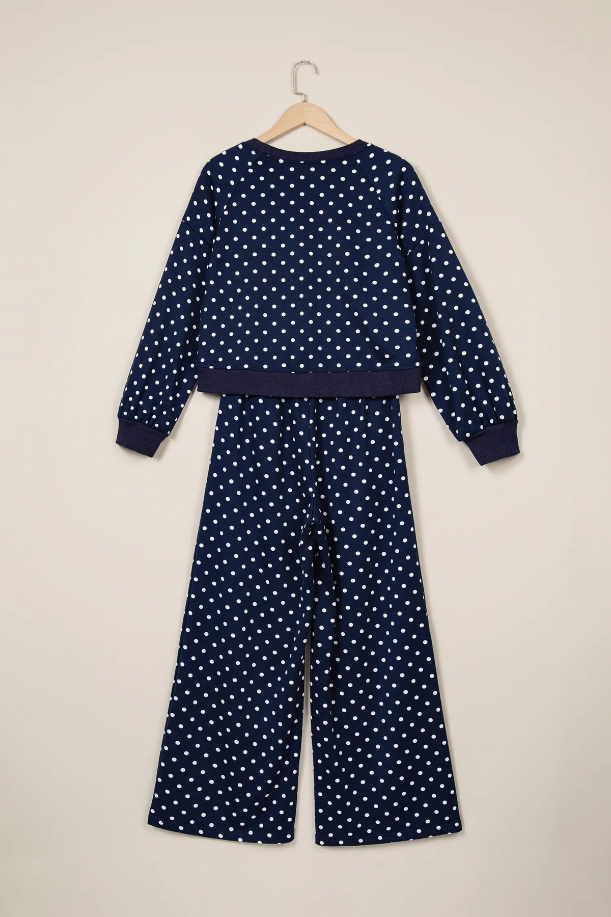 Polka Dot Drawstring Wide Leg Long Sleeve Top Pant Set – Red